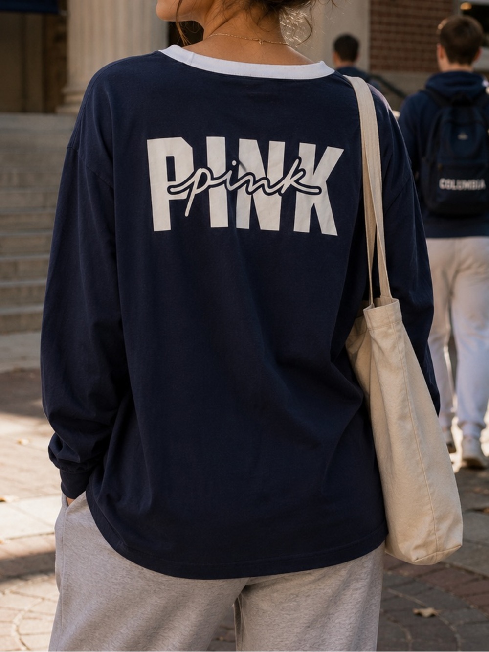 PINK Victoria's Secret Navy Long-Sleeve Campus Logo Ringer Tee 100% Cotton